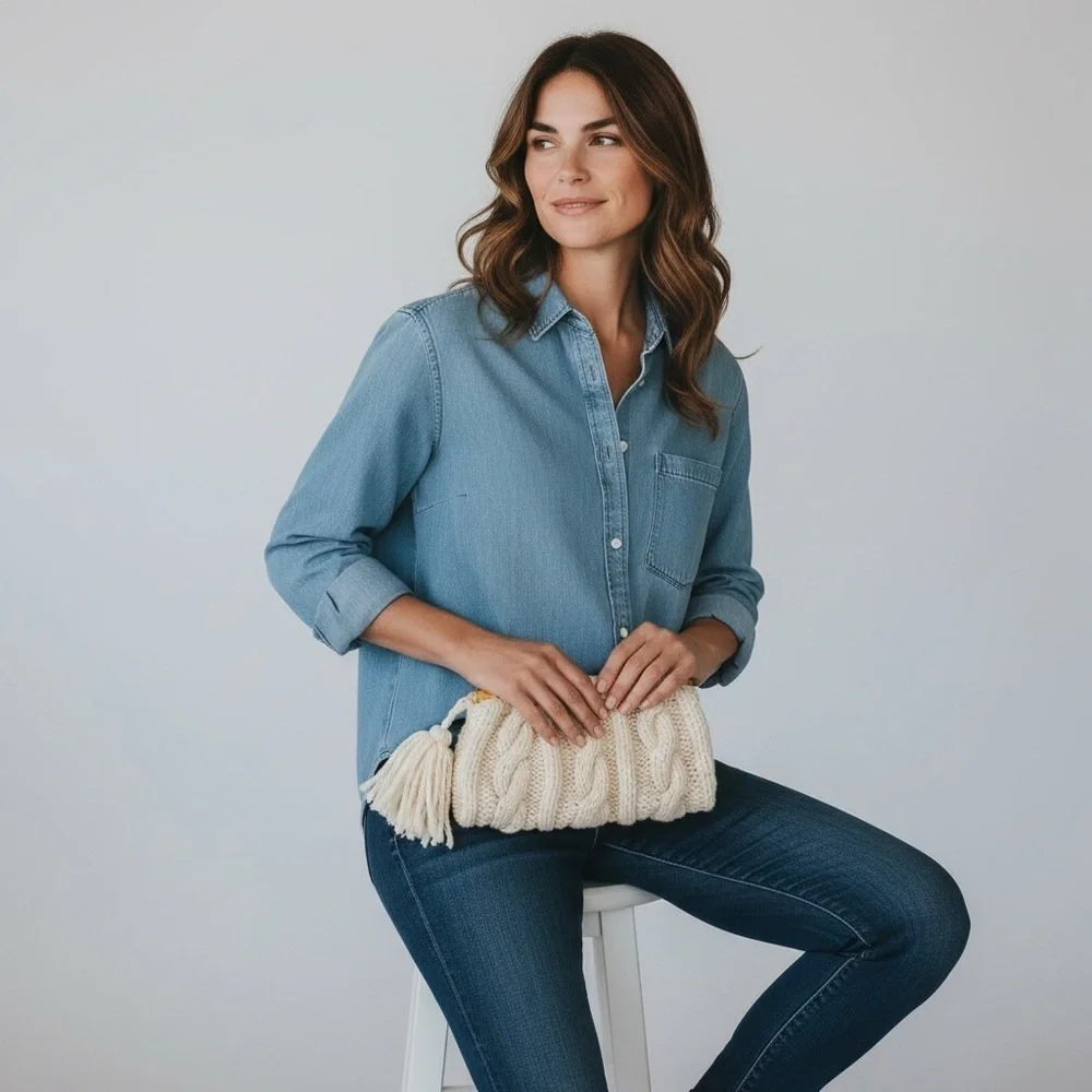 Handmade Wool Cableknit Sweater Bamboo Handle Tassle Clutch Bag Ivory